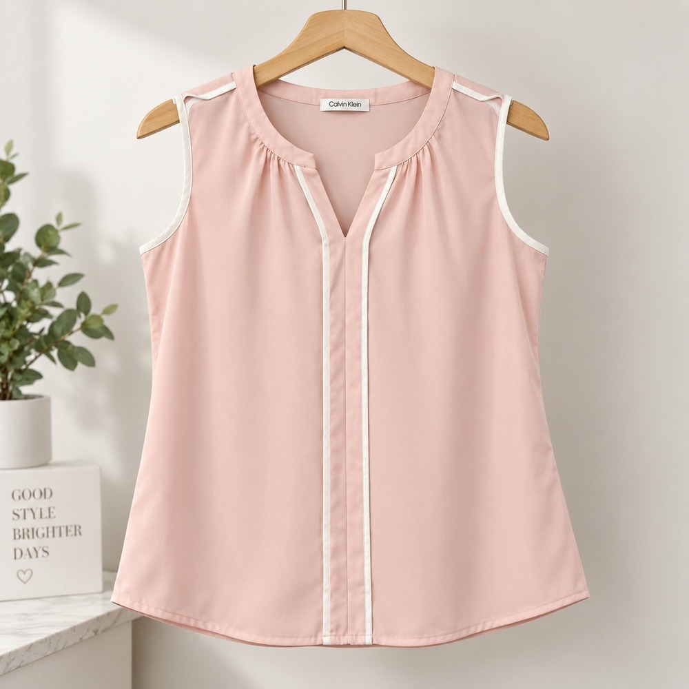 Calvin Klein Blouse Women Large Pink Excellent Sleeveless Split Neck Trim Top